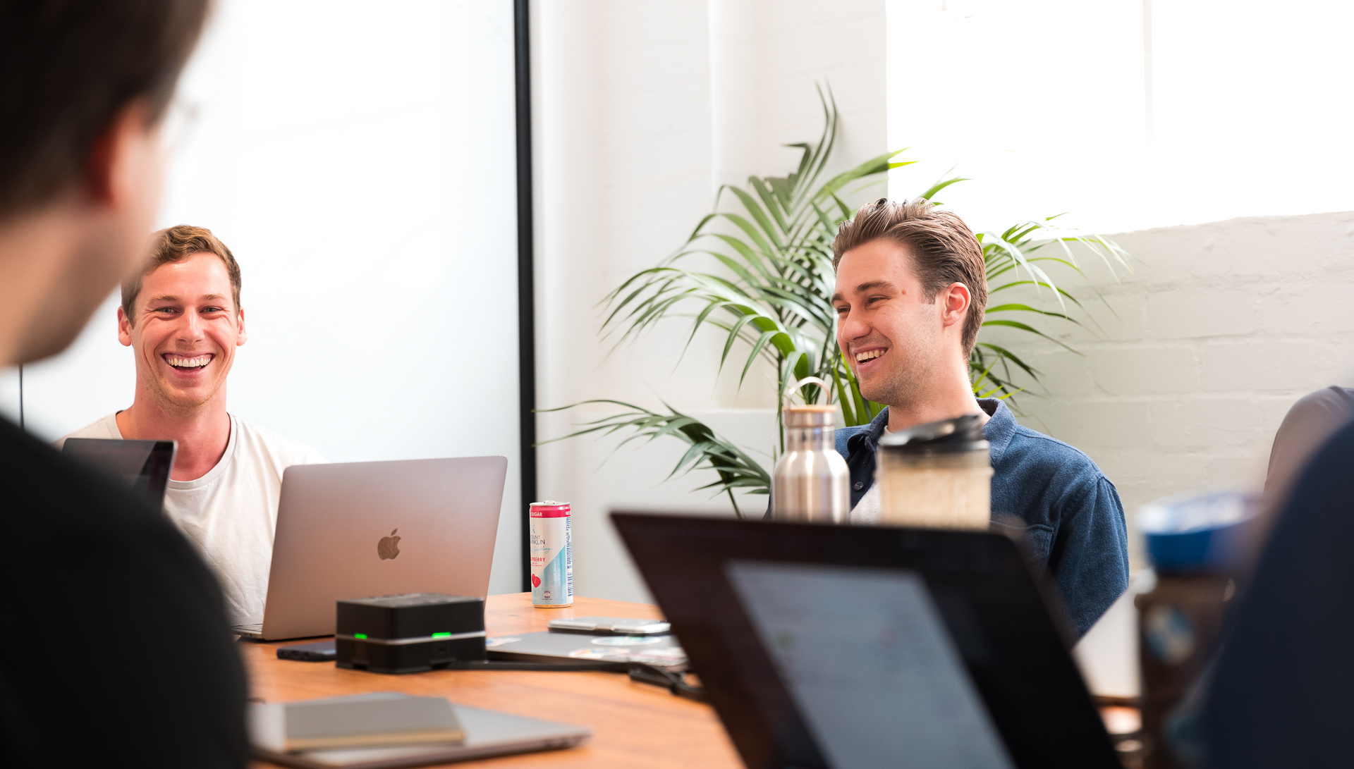 People laughing during a meeting at wooden table with laptops, drinks, and green plants in bright office space.