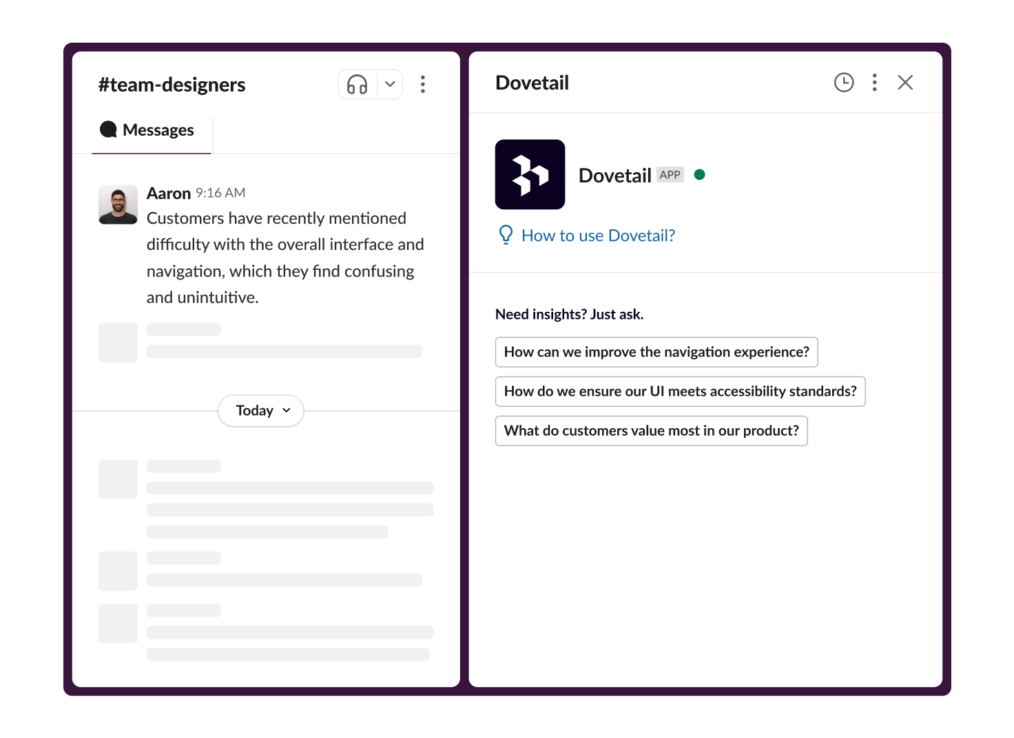 Ask Dovetail surfacing cited research results directly inside Slack