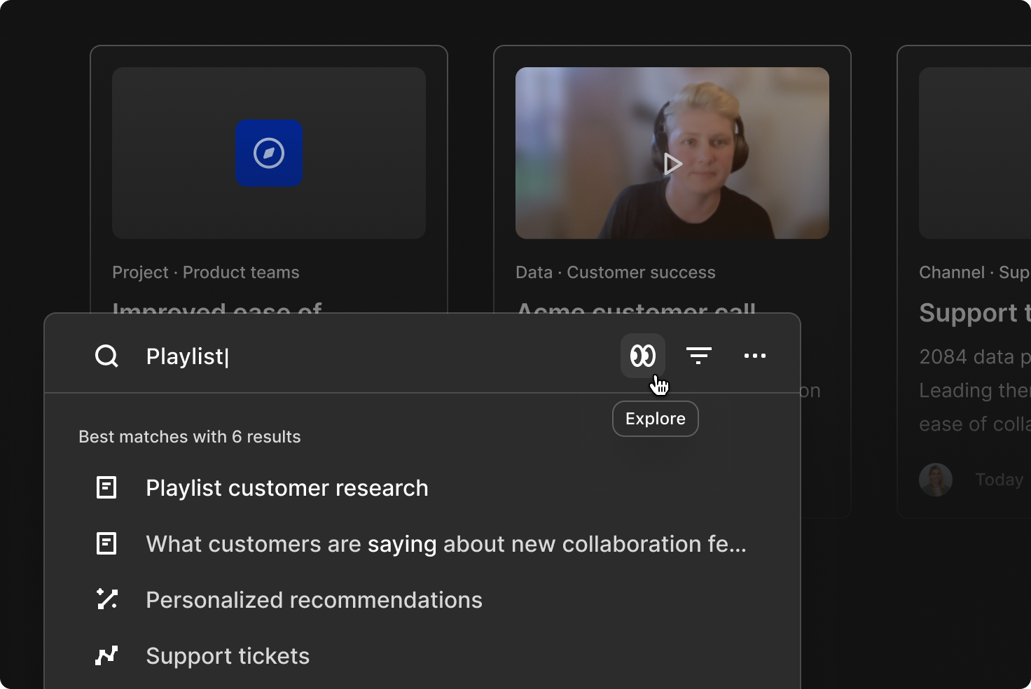 Quick search showing results and the new Explore feature