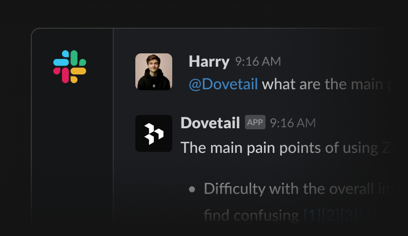 Asking Dovetail a question from Slack and getting an answer with insights